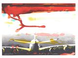 a painting of an airplane that is on the runway
