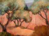 painting of three trees in a field with a mountain in the background
