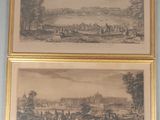 deux reproductions encadrées représentant une vue d'une ville et d'une rivière