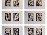 six dessins en noir et blanc accrochés sur un mur blanc dans une pièce
