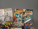 a lot of comic books sitting on a table