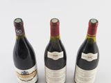 three bottles of wine are lined up on a white surface