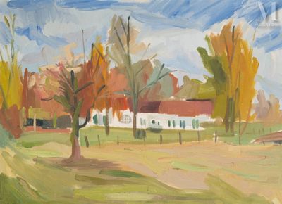 une peinture à l'huile représentant une scène de campagne avec une maison blanche au loin