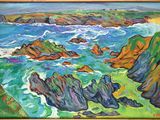 une peinture à l'huile représentant une vue de l'océan depuis une falaise