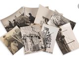 several old black and white photographs of men and women working on a farm