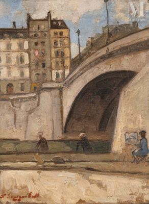 tableau représentant un tableau où l'on voit des personnes marchant sur un pont au-dessus d'une rivière