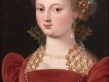 portrait of a woman in a red dress with a gold chain around her neck
