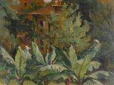 peinture représentant un tableau où l'on voit des arbres et un bâtiment en arrière-plan