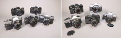 two pictures of a bunch of old cameras on a table
