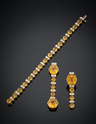 un ensemble composé d'un collier et de boucles d'oreilles en diamants et citrine