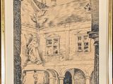 an image of a drawing of a building with a statue in the corner