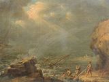 painting of a painting of people on a boat in a body of water