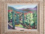une peinture à l'huile représentant un paysage avec des arbres et des montagnes en arrière-plan
