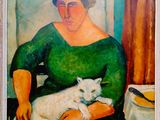 painting of a woman in a green dress holding a white cat