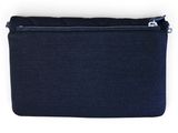 a close up of a blue zipper bag on a white background