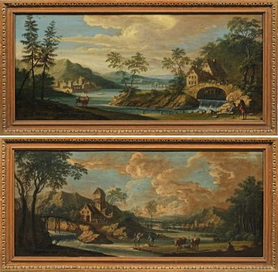 deux tableaux représentant un paysage avec une rivière et un village