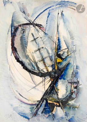 tableau représentant un voilier avec une grande voile sur l'eau