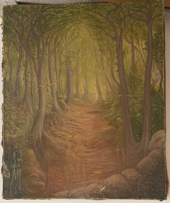 un tableau représentant un sentier dans les bois accroché au mur