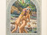 an old book with a painting of two naked women in a river