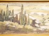 une image d'un tableau représentant un paysage avec des arbres au premier plan
