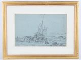 a drawing of a boat in a body of water with people on it