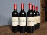 six bottles of red wine are lined up on a wooden table