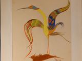 painting of a colorful bird in a frame on a wall