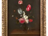 painting of a vase of flowers on a table with a black background