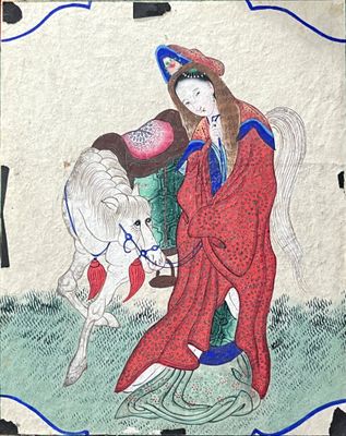 CHINE. Dame de cour et cheval. Gouache et encre sur papier c…