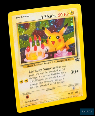 une carte avec une image de Pikachu et d'un gâteau d'anniversaire