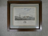 painting of a view of a harbor with a ship in the water