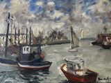 a painting of a boat in the water with other boats in the water