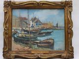 a picture of a painting of boats on the water
