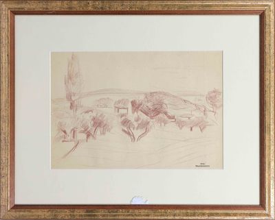 drawing of a horse and rider in a landscape by a river