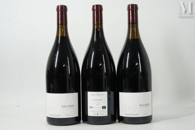 trois bouteilles de vin rouge sont posées sur une surface blanche