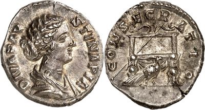 a silver coin with an image of a woman and a man on it