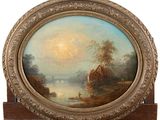 une image d'une peinture représentant une scène de rivière avec un bateau dans l'eau