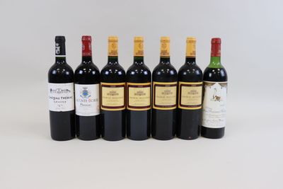 six bouteilles de vin sont alignées sur une surface blanche
