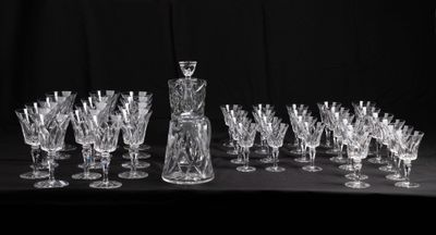 black and white photograph of a set of wine glasses and a decanter