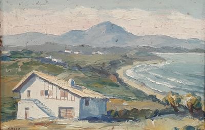 an oil painting of a house on a hill overlooking the ocean