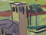 a painting of a view of a town from a hill