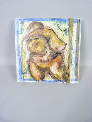 une image représentant un tableau d'une femme nue sur un fond bleu et jaune