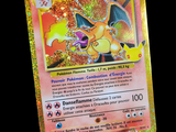 a close up of a pokemon card on a stand