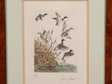 a picture of a painting of ducks flying over a body of water