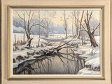 painting of a winter scene with a stream and trees in the snow