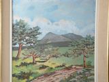 a painting of a landscape with trees and mountains in the background