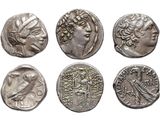six ancient roman coins with heads and heads on them