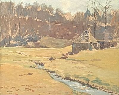 a painting of a farm with a stream running through it
