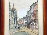peinture d'une scène de rue avec des bâtiments et une personne marchant dans la rue