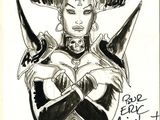 a black and white drawing of a woman with horns on her head